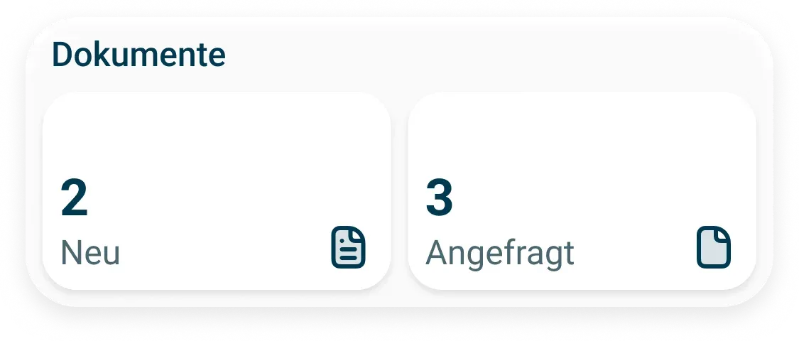 Ein deutscher Schnittstellenabschnitt mit dem Titel Dokumente zeigt zwei Kästen: links wird 2 Neu mit einem Dokumentensymbol angezeigt, rechts 3 Angefragt mit einem anderen Dokumentensymbol.