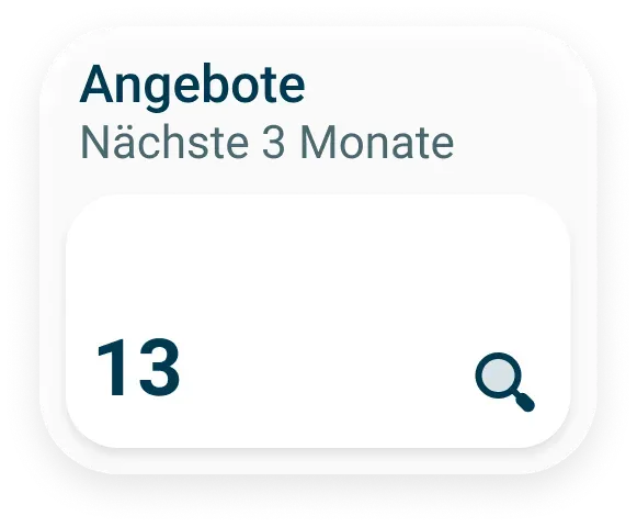 Eine runde weiße Karte zeigt oben "Angebote Nächste 3 Monate" und darunter die Zahl 13 mit einem Suchsymbol, das auf 13 Angebote in den nächsten 3 Monaten hinweist. Der Text ist auf Deutsch.