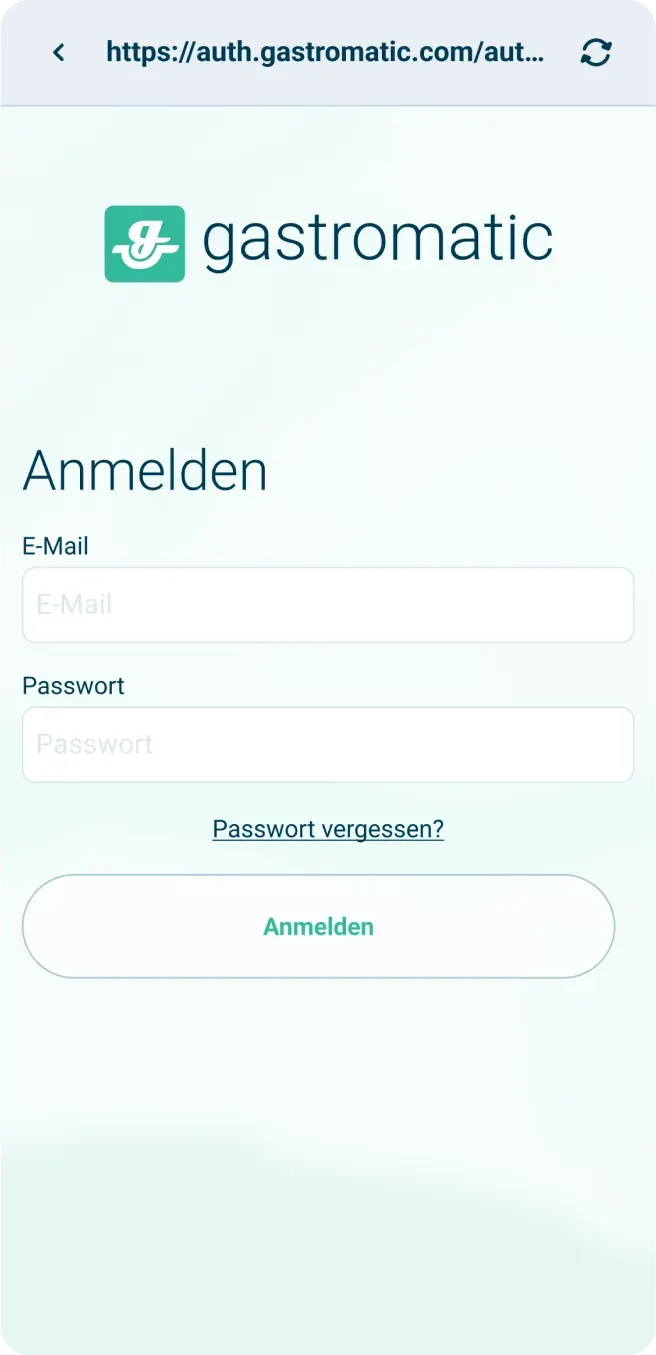 Anmeldebildschirm für Gastromatic mit Feldern für E-Mail und Passwort, einem Link Passwort vergessen? und einer grünen Schaltfläche Anmelden. Der Hintergrund ist hell mit dem Gastromatic-Logo am oberen Rand.