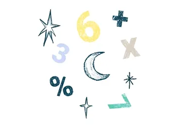 Bunte, handgezeichnete mathematische Symbole und Formen, darunter eine gelbe 6, eine blaue 3, ein Prozentzeichen, Sternchen, ein Plus, ein Multiplikationszeichen, eine Mondsichel und ein Winkelsymbol, alles auf weißem Hintergrund.