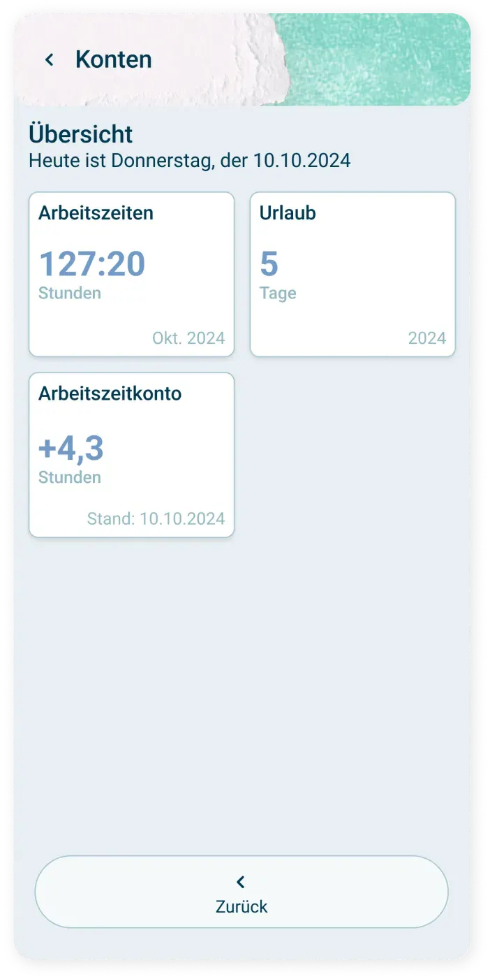 Ein deutscher App-Bildschirm zeigt Details zum Arbeitskonto an: 127 Stunden und 20 Minuten Arbeit im Oktober 2024, 5 Urlaubstage im Jahr 2024 und ein Zeitkontostand von +4,3 Stunden zum 10. Oktober 2024. Zurück-Taste unten.