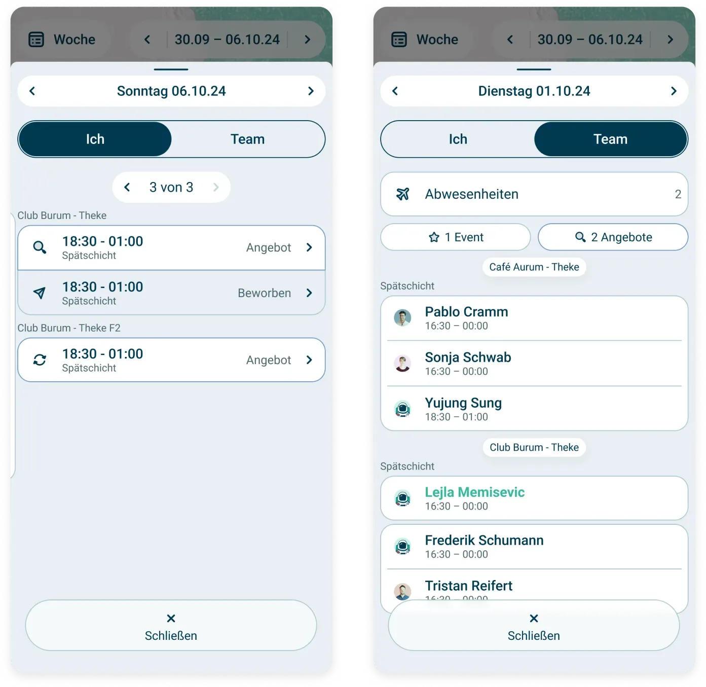 Zwei Smartphone-Bildschirme zeigen eine Terminplanungs-App. Der linke Bildschirm zeigt ein Schichtangebot für Sonntag, den 1. Oktober 2024, an. Der rechte Bildschirm listet Teammitglieder und Abwesenheiten für Dienstag, den 3. Oktober 2024, auf.