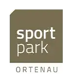 Logo mit braunem, quadratischem Hintergrund und der Aufschrift Sportpark in weißen, fetten Kleinbuchstaben. Unterhalb des Quadrats erscheint ORTENAU in dünneren, grauen Großbuchstaben.