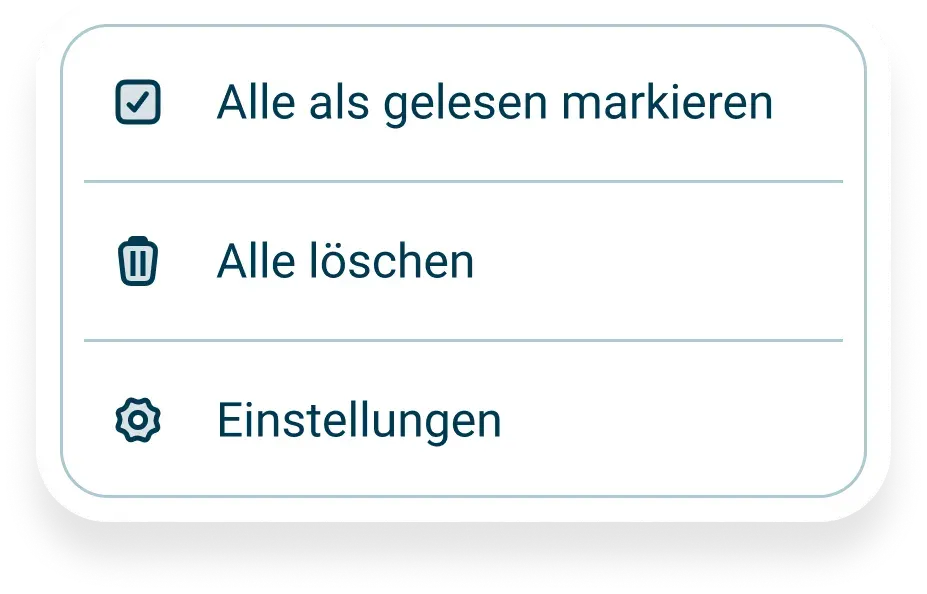 Ein Menü auf Deutsch mit drei Optionen: Alle als gelesen markieren mit einem Häkchensymbol, Alle löschen mit einem Mülleimersymbol und Einstellungen mit einem Zahnradsymbol.
