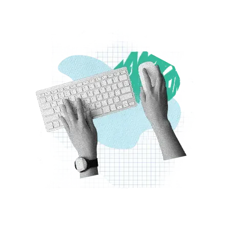 Eine Collage von zwei Händen, die eine Computertastatur und eine Maus benutzen, mit einem geometrischen Hintergrund aus Rasterpapier und abstrakten Formen in Petrol.