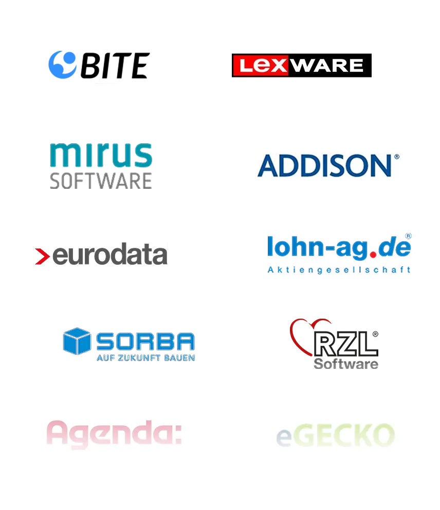 Eine Sammlung von Logos für verschiedene Softwarefirmen, darunter Lexware, mirus SOFTWARE, ADDISON, eurodata, lohn-ag.de, SORBA, RZL, Agenda und eGECKO, angeordnet auf einem weißen Hintergrund.