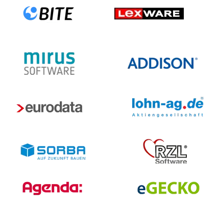 Eine Sammlung von Logos für verschiedene Softwarefirmen, darunter Lexware, mirus SOFTWARE, ADDISON, eurodata, lohn-ag.de, SORBA, RZL, Agenda und eGECKO, angeordnet auf einem weißen Hintergrund.