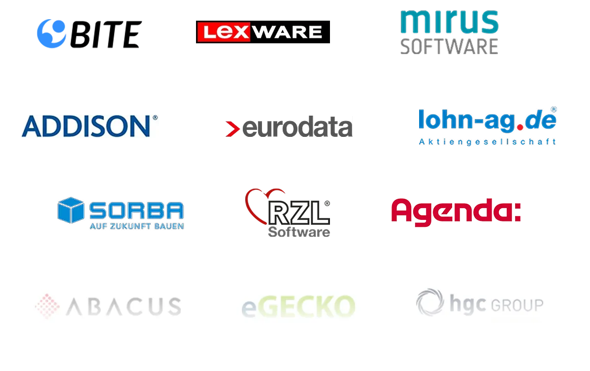 Eine Sammlung verschiedener Logos für Lohn- und Buchhaltungssoftware, darunter Lexware, mirus, Addison, eurodata, lohn-ag.de, SORBA, RZL Software, Agenda, Abacus, eGECKO und hgc group, dargestellt auf einem weißen und schwarzen Hintergrund.