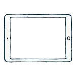 Eine einfache Illustration eines Tablets mit einem weißen Rahmen und einem dunklen Bildschirm, dargestellt von oben nach unten.
