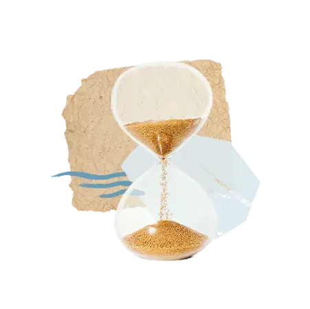 Eine Sanduhr mit Sand, der von der oberen Kammer in die untere fällt, vor einem abstrakten Hintergrund in Beige und Blau.