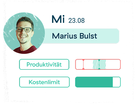 Profilfoto eines lächelnden Mannes mit Brille. Der Text lautet Mi 23.08 Marius Bulst. Darunter befinden sich Fortschrittsbalken für Produktivität (nicht voll) und Kostenlimit (voll).