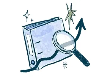 Illustration eines blauen Ordners, eines Vergrößerungsglases, eines nach oben gerichteten Pfeils, funkelnder Sterne und Glitzer, die auf Forschung, Entdeckung oder Verbesserung hinweisen.