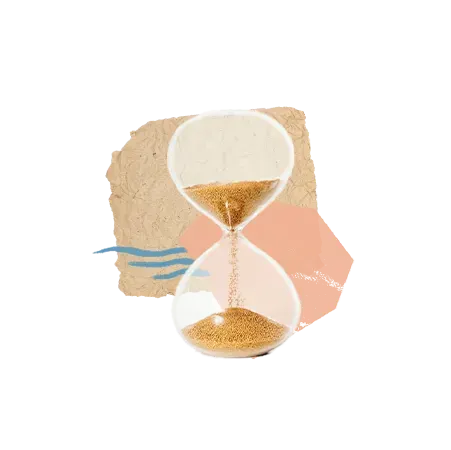 Eine gläserne Sanduhr mit Sand, der von oben nach unten fließt, vor einem abstrakten Hintergrund aus strukturierten beigen, rosa und blauen Formen.