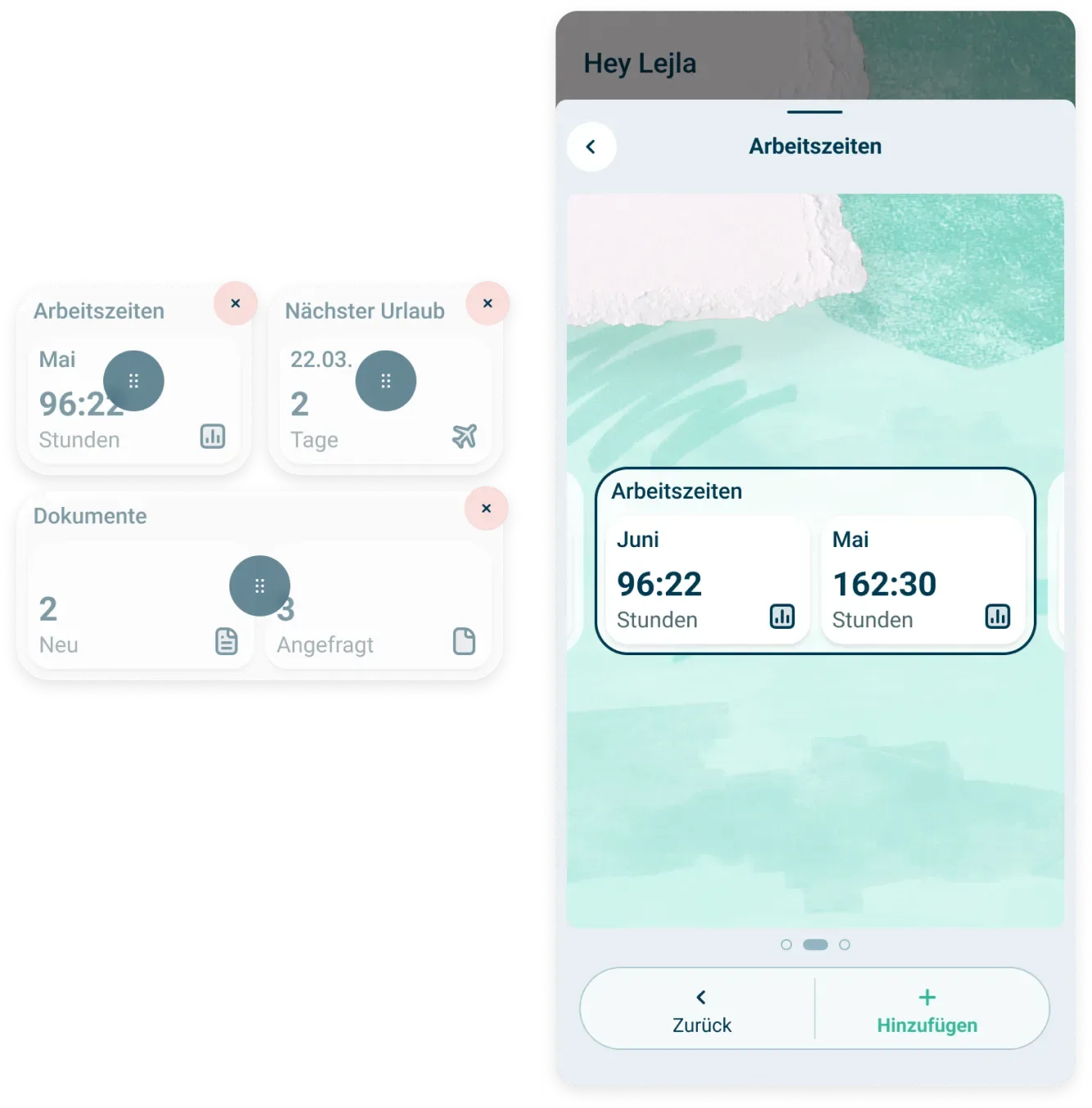 Ein mobiler App-Bildschirm in deutscher Sprache zeigt die Arbeitszeiten für Mai und Juni, Urlaubstage und Dokumentenanforderungen an. Der Hauptbereich zeigt die "Arbeitszeiten" für Juni (96:22 Stunden) und Mai (162:30 Stunden) mit Navigationsschaltflächen darunter.