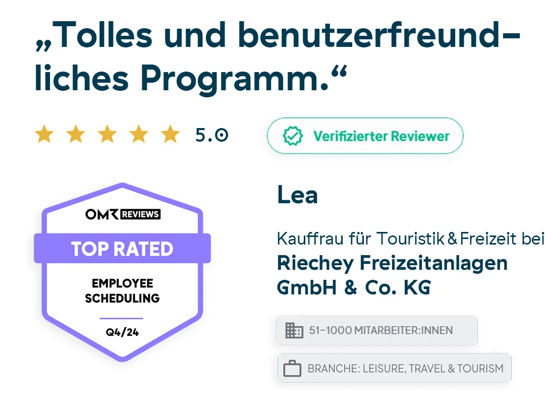 In einer 5-Sterne-Bewertung wird ein Programm als "toll und benutzerfreundlich" bezeichnet. Die Rezensentin, Lea, arbeitet bei der Riechey Freizeitanlagen GmbH & Co. KG. Das Unternehmen ist in der Freizeit-, Reise- und Tourismusbranche tätig und hat 51-1000 Mitarbeiter.