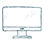 Eine handgezeichnete Illustration eines Computermonitors mit blauem Bildschirm und weißem Sockel auf einem transparenten Hintergrund.