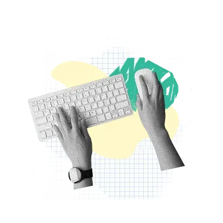 Ein collageartiges Bild von zwei Händen, von denen eine auf einer weißen Tastatur tippt und die andere eine Maus benutzt, vor einem Hintergrund mit Millimeterpapier und abstrakten Formen in Gelb und Grün.