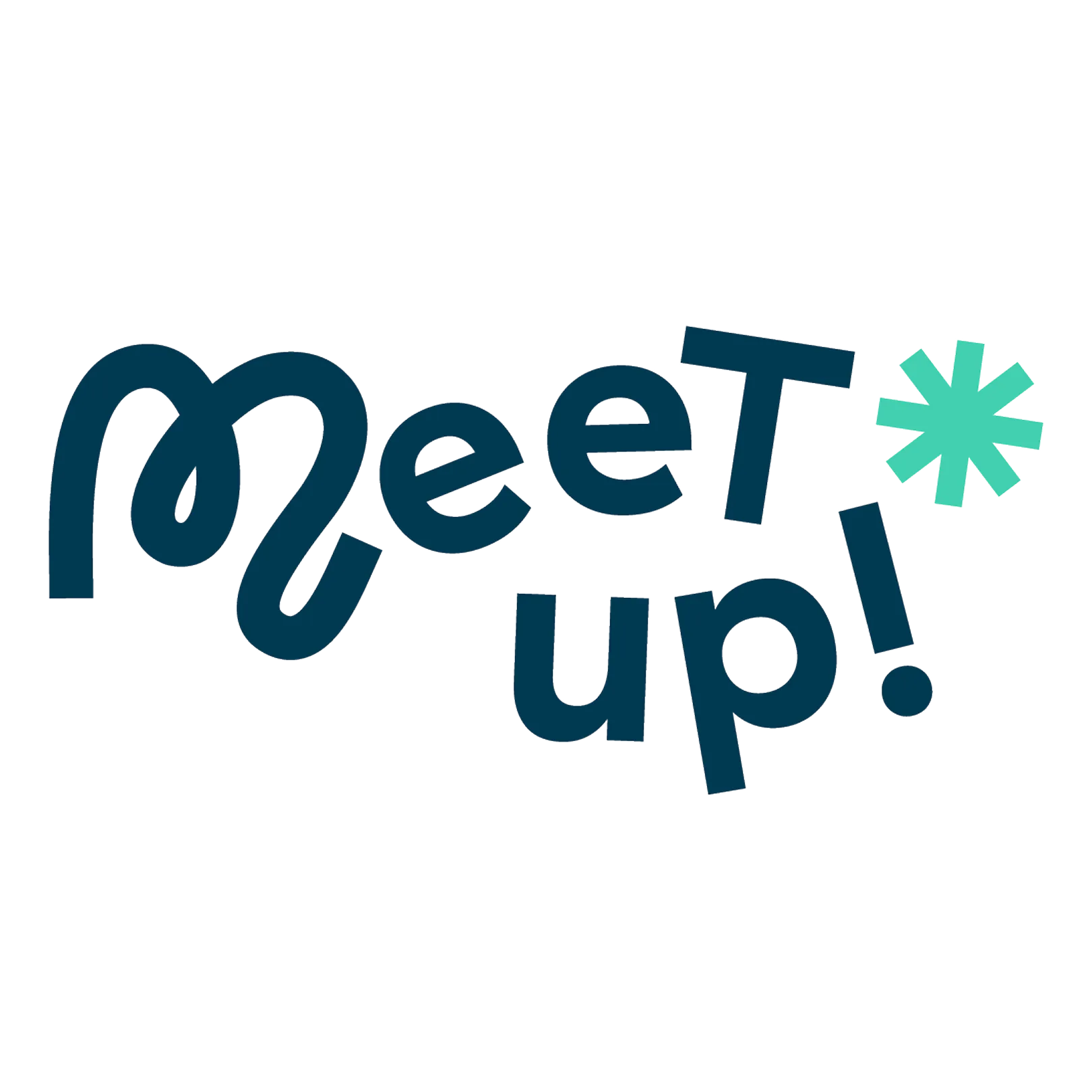 Das Bild zeigt die Worte "Meet up!" in verspielter, fetter Schrift mit einem blaugrünen Sternchen-Symbol neben dem Wort "up!" auf einem transparenten Hintergrund.