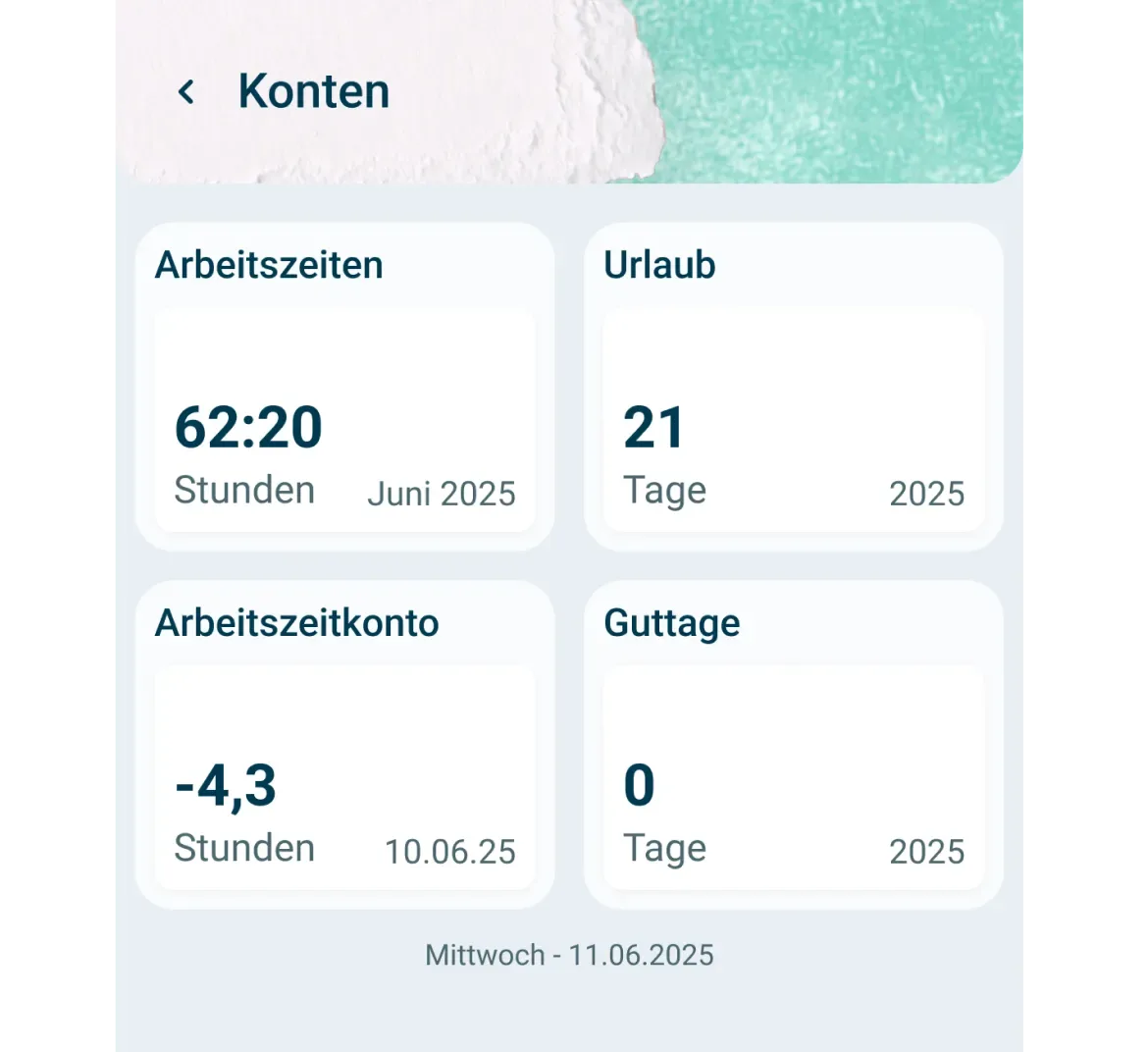 Screenshot einer deutschen Kontoübersicht mit Arbeitsstunden (62:20 im Juni 2025), Urlaubstagen (21 im Jahr 2025), Arbeitszeitkontosaldo (-4,3 Stunden am 10.06.25) und Überstundentagen (0 im Jahr 2025). Datum: 11.06.2025.