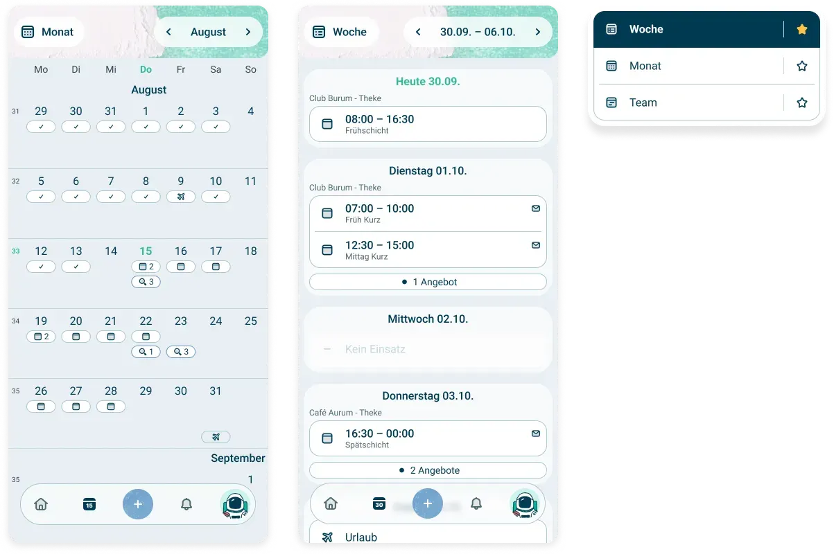 Drei mobile Bildschirme zeigen die gastromatic Mitarbeiter-App: Der erste zeigt einen Dienstplan als Monatskalender für August; der zweite zeigt wöchentliche Arbeitsschichten; der dritte zeigt ein Menü mit Optionen zum Wechse zwischen Wochen-, Monats- und Teamansichten.