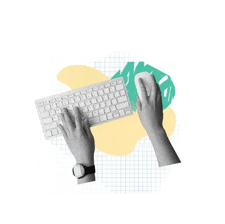 Ein Bild im Collage-Stil von zwei Händen, die eine weiße Tastatur und eine Computermaus benutzen, mit abstrakten gelben und grünen Formen und Millimeterpapier als Hintergrund.