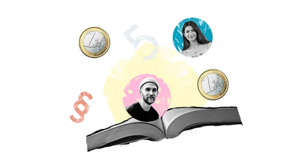 Ein aufgeschlagenes Buch mit zwei Euro-Münzen und darüber Schwarz-Weiß-Fotos von einem Mann und einer Frau, umgeben von abstrakten Formen und schwachen Währungssymbolen.