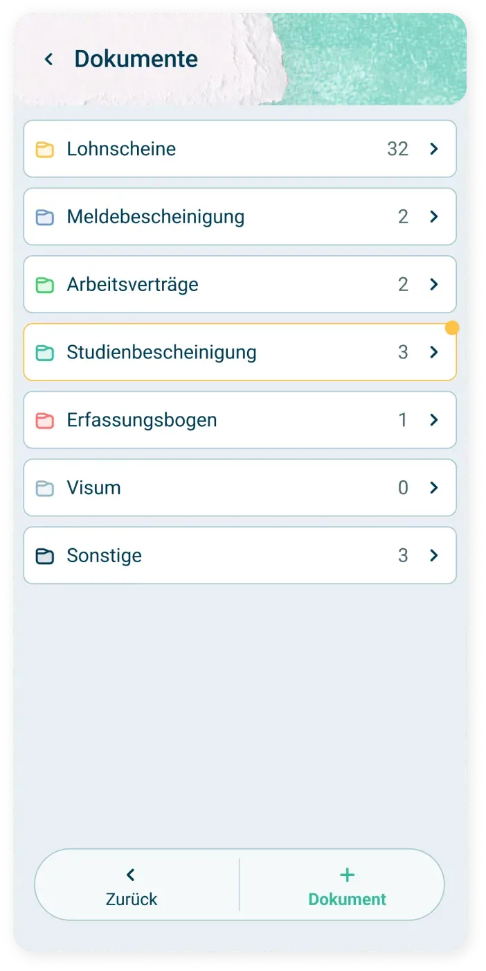 Ein Bildschirm der mobilen App mit dem Titel Dokumente zeigt sieben Dokumentenkategorien an, jede mit einem Symbol und einer Nummer: Lohnscheine (32), Meldebescheinigung (2), Arbeitsverträge (2), Studienbescheinigung (3), Erfassungsbogen (1), Visum (0), Sonstige (3). Die Schaltflächen Zurück und Dokument hinzufügen befinden sich am unteren Rand.