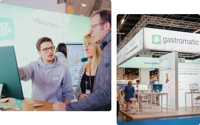 Ein Mann gestikuliert in Richtung eines Computerbildschirms, während er mit zwei Personen an einem Messestand spricht. Eine andere Ansicht zeigt den modernen gastromatic-Stand mit Branding und digitalen Anzeigen in einer belebten Messehalle.