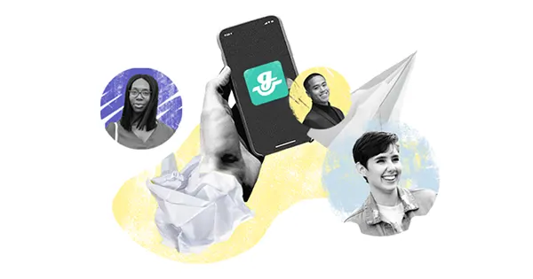 Eine Hand hält ein Smartphone, auf dem ein grünes App-Logo zu sehen ist. Um sie herum sind zerknülltes Papier, ein Papierflugzeug und drei verschiedene Personen in kreisförmigen Rahmen auf einem weißen Hintergrund mit gelben und blauen Akzenten zu sehen.