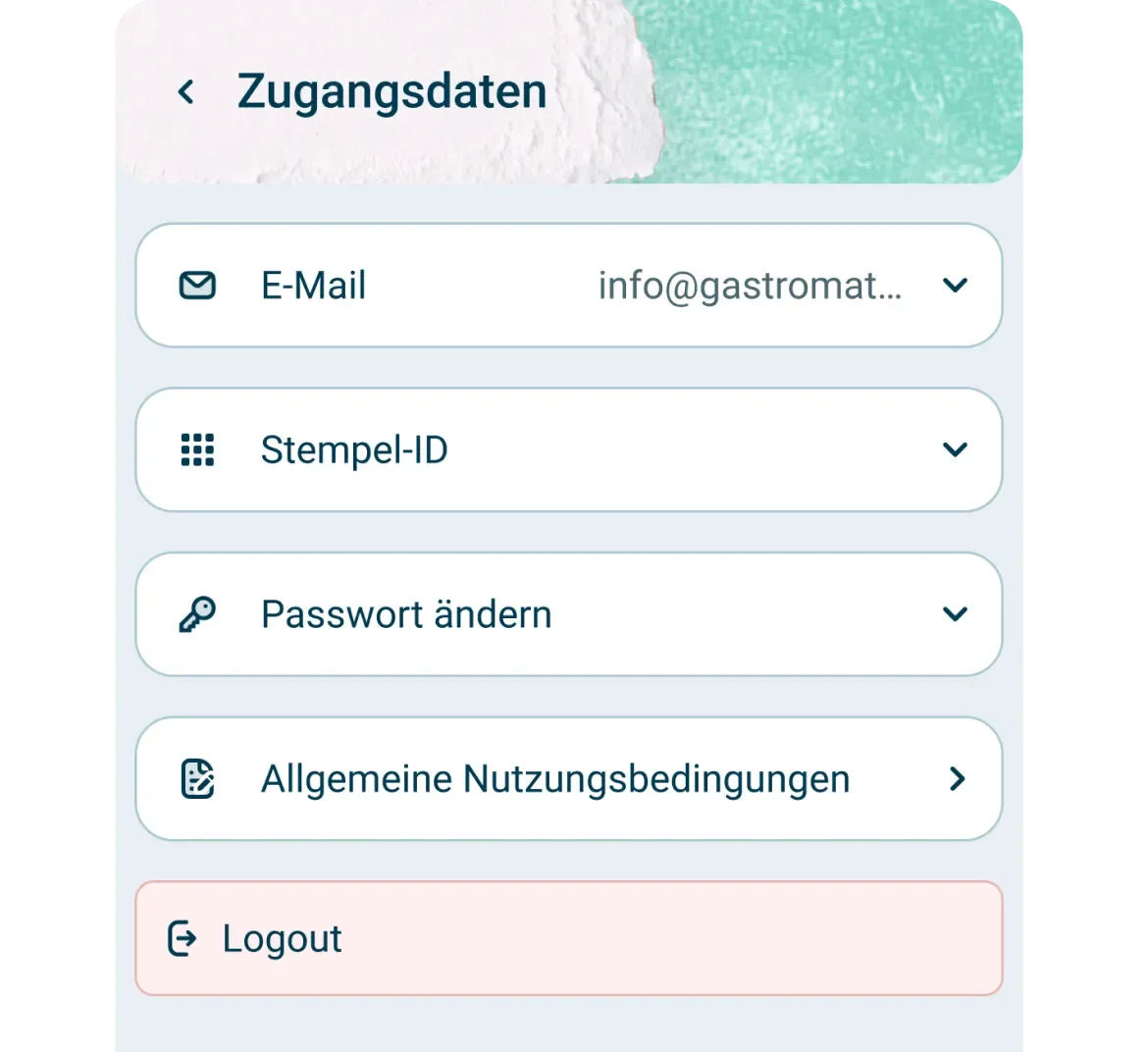 Eine deutsche Benutzeroberfläche mit Zugriffsoptionen für das Konto: E-Mail-Adresse, Stempel-ID, Passwort ändern, allgemeine Nutzungsbedingungen und eine rot hervorgehobene Abmeldetaste am unteren Rand.