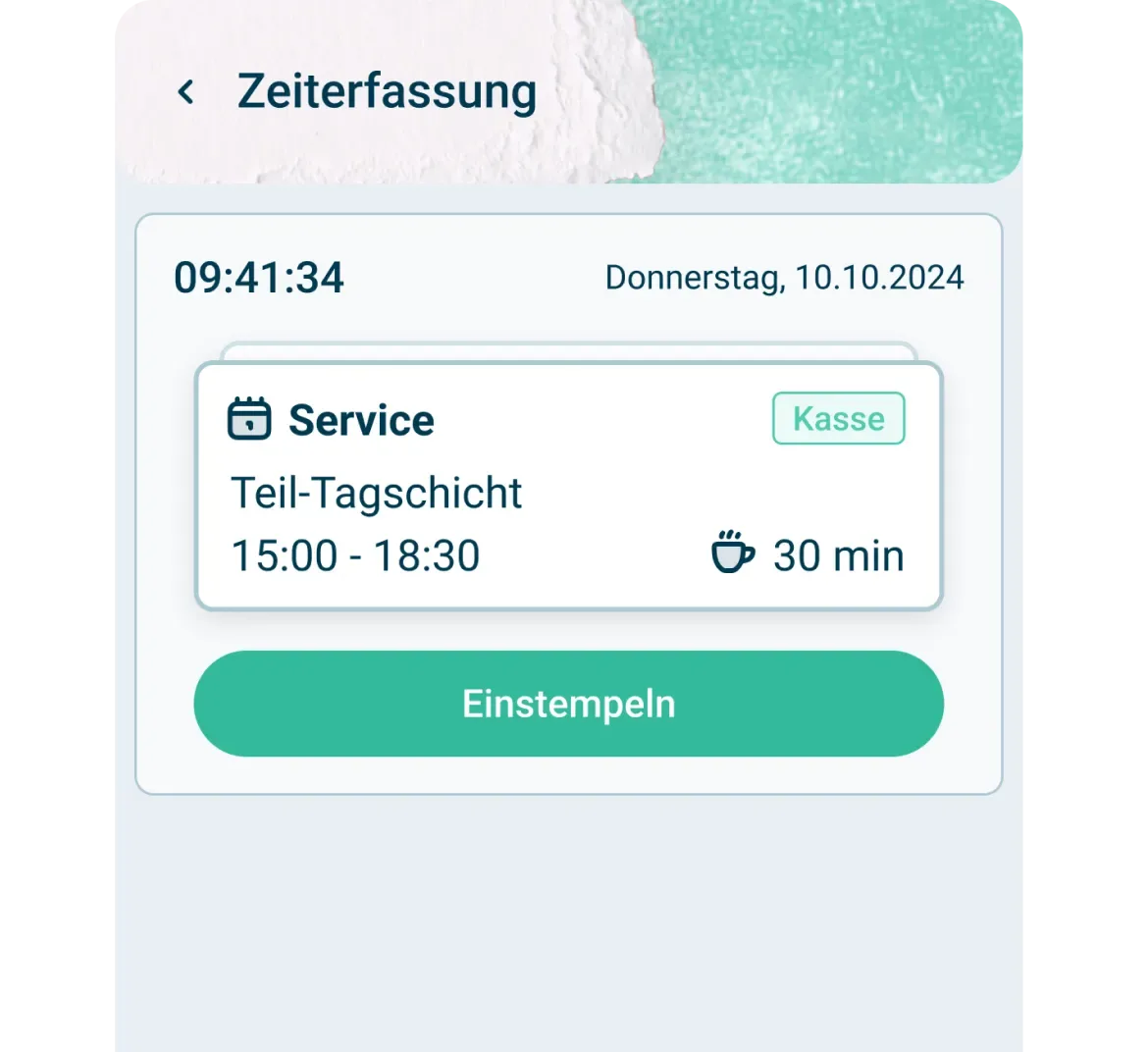 Ein Screenshot einer deutschen Zeiterfassungs-App zeigt die aktuelle Uhrzeit (09:41:34) und das Datum (Donnerstag, 10.10.2024). Es ist eine Dienstschicht (15:00-18:30) mit einer 30-minütigen Pause geplant. Darunter befindet sich eine grüne Schaltfläche Einstempeln.