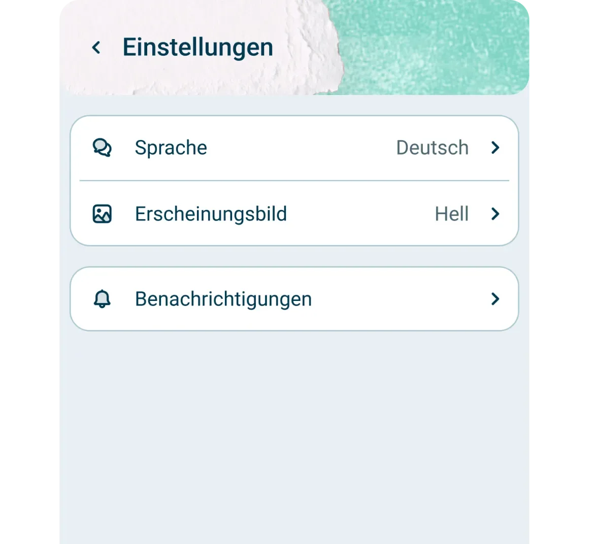 Ein Einstellungsmenü auf Deutsch mit Optionen für Sprache (auf Deutsch eingestellt), Aussehen (auf Lichtmodus eingestellt) und Benachrichtigungen. Die Kopfzeile hat ein grünes und weißes strukturiertes Design.