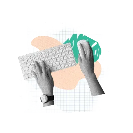 Ein Bild im Collage-Stil von zwei Händen, von denen eine auf einer weißen Tastatur tippt und die andere eine Computermaus benutzt, auf einem gerasterten Papierhintergrund mit abstrakten pfirsich- und blaugrünen Formen.