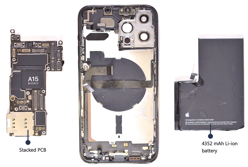 Removal of stacked logic boards, battery, and other components of the iPhone 13 Pro Max