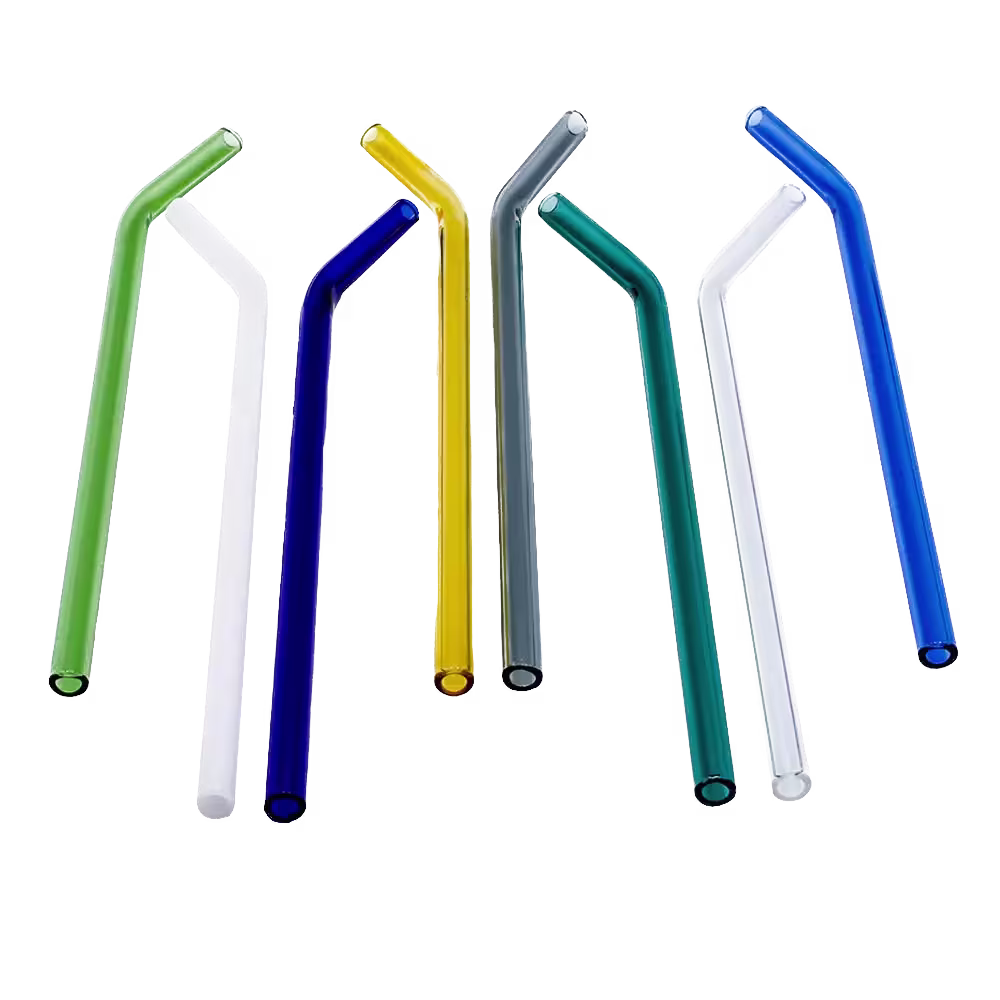 Six reusable glass straws in different colors—green, light green, blue, yellow, gray, and white—arranged side by side on a black background.