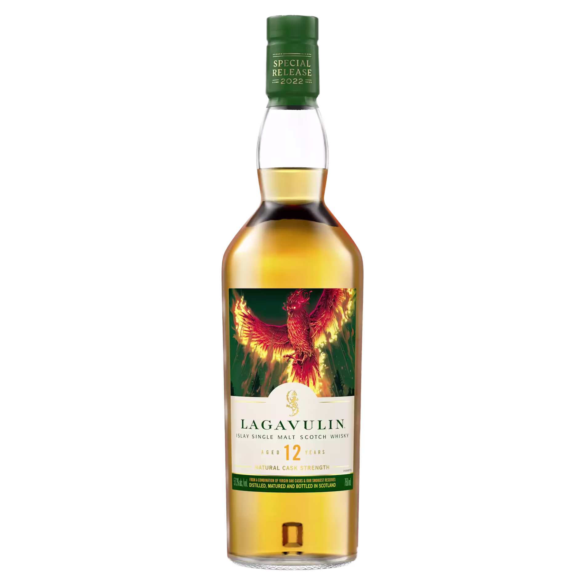 A bottle of Lagavulin 12 Year Old Special Release 2022 single malt Scotch whisky with a label featuring a fiery phoenix illustration.