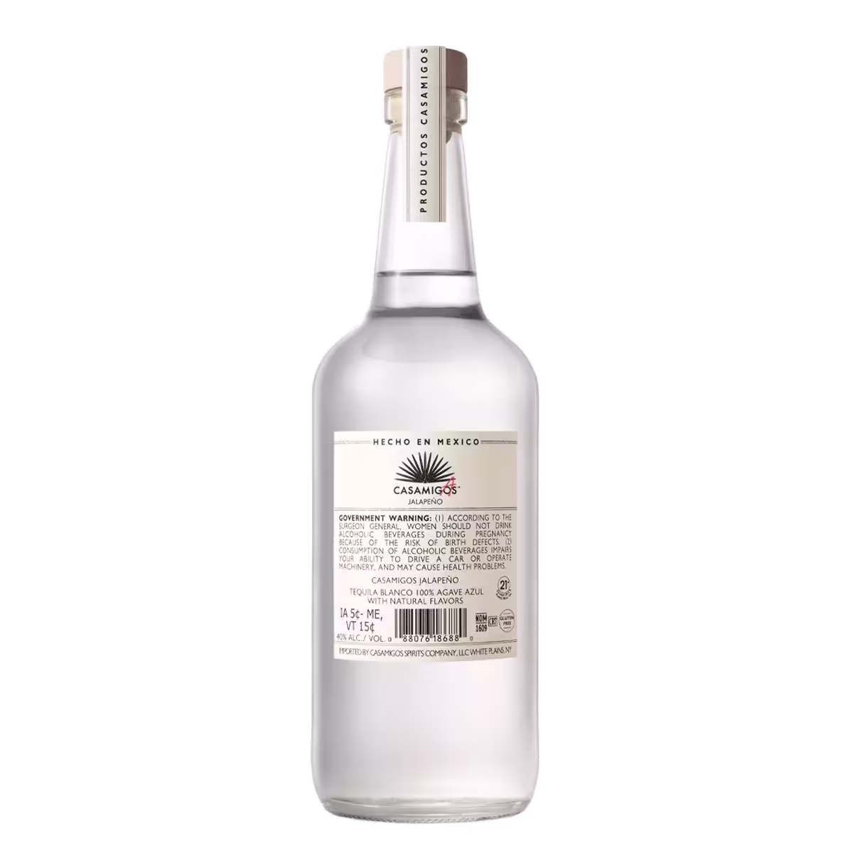 A clear glass bottle of Casamigos Blanco Tequila shown from the back, displaying the product label and details in black and red text.