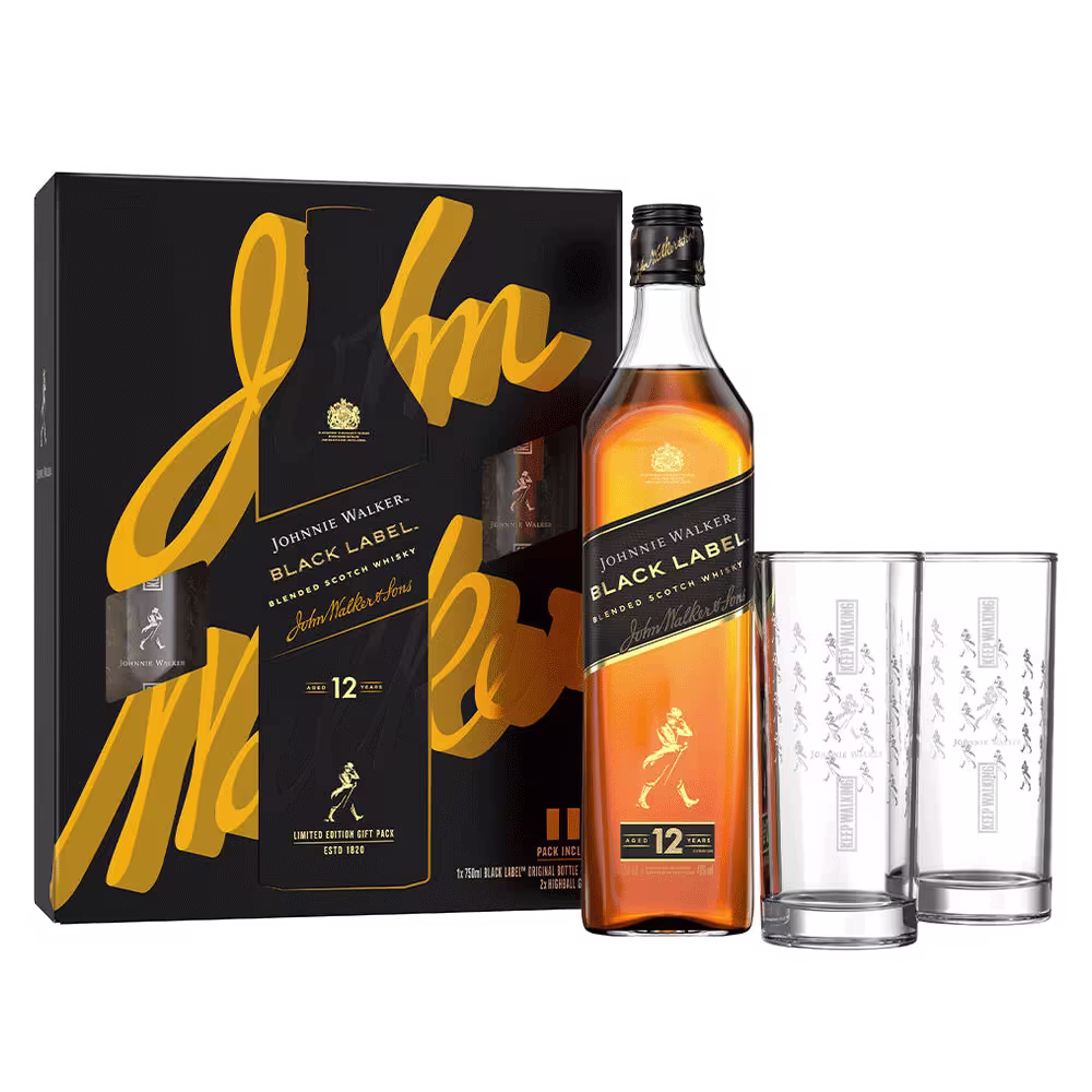 Johnnie Walker Black Label 12-year-old Scotch whisky gift set with a bottle, two branded glasses, and the original packaging box.