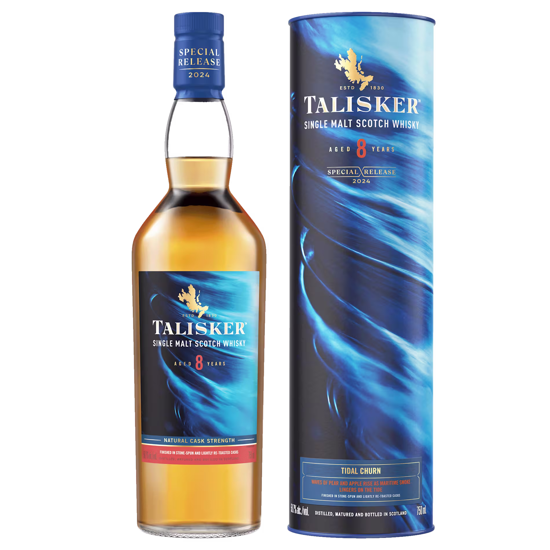 A bottle of Talisker 8 Year Old Single Malt Scotch Whisky 2024 Special Release stands next to its matching blue cylindrical box.