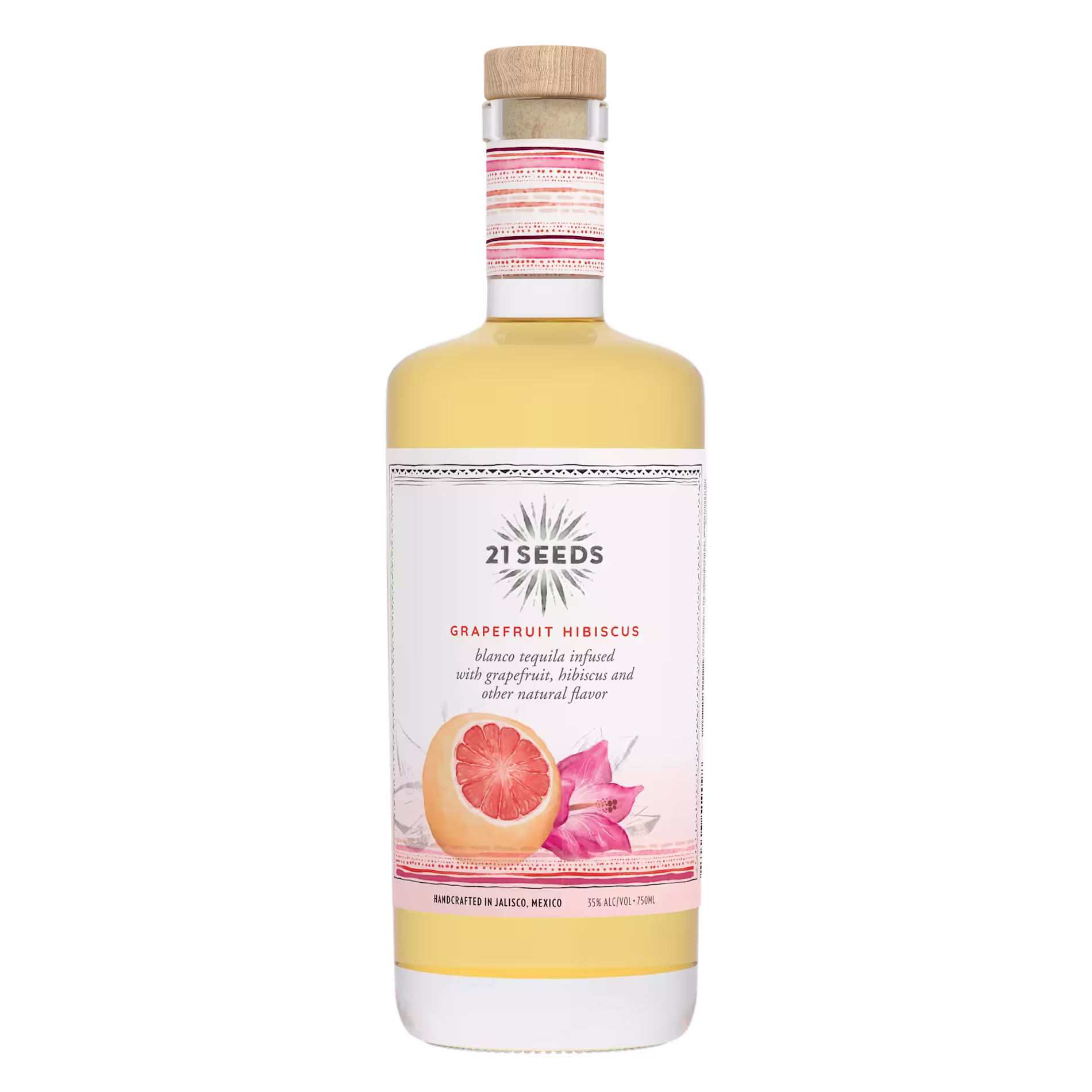 A bottle of 21 Seeds Grapefruit Hibiscus tequila with a white label, grapefruit and hibiscus illustrations, and a wooden cap.