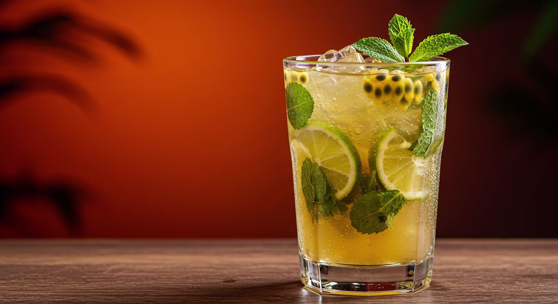 A glass of iced citrus drink with lime slices, mint leaves, passion fruit, and ice cubes on a wooden surface, against an orange background.