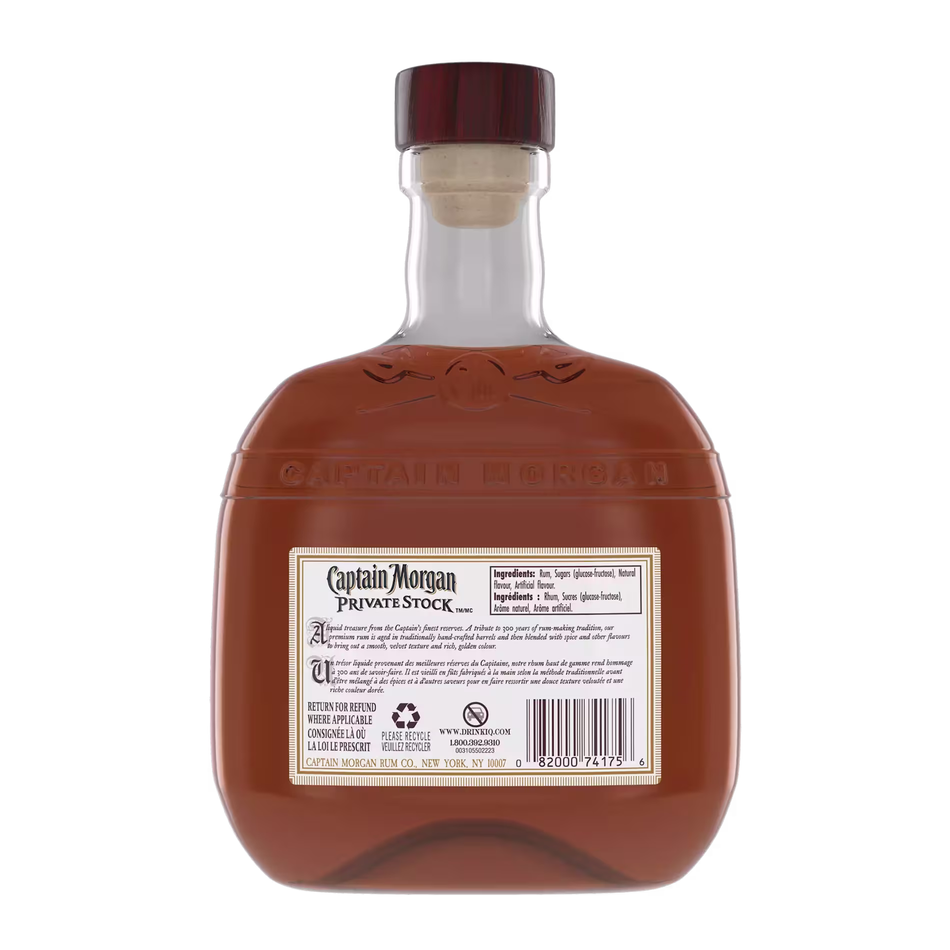 A bottle of Captain Morgan Private Stock rum, shown from the back with a label displaying ingredients, nutritional information, and a barcode.