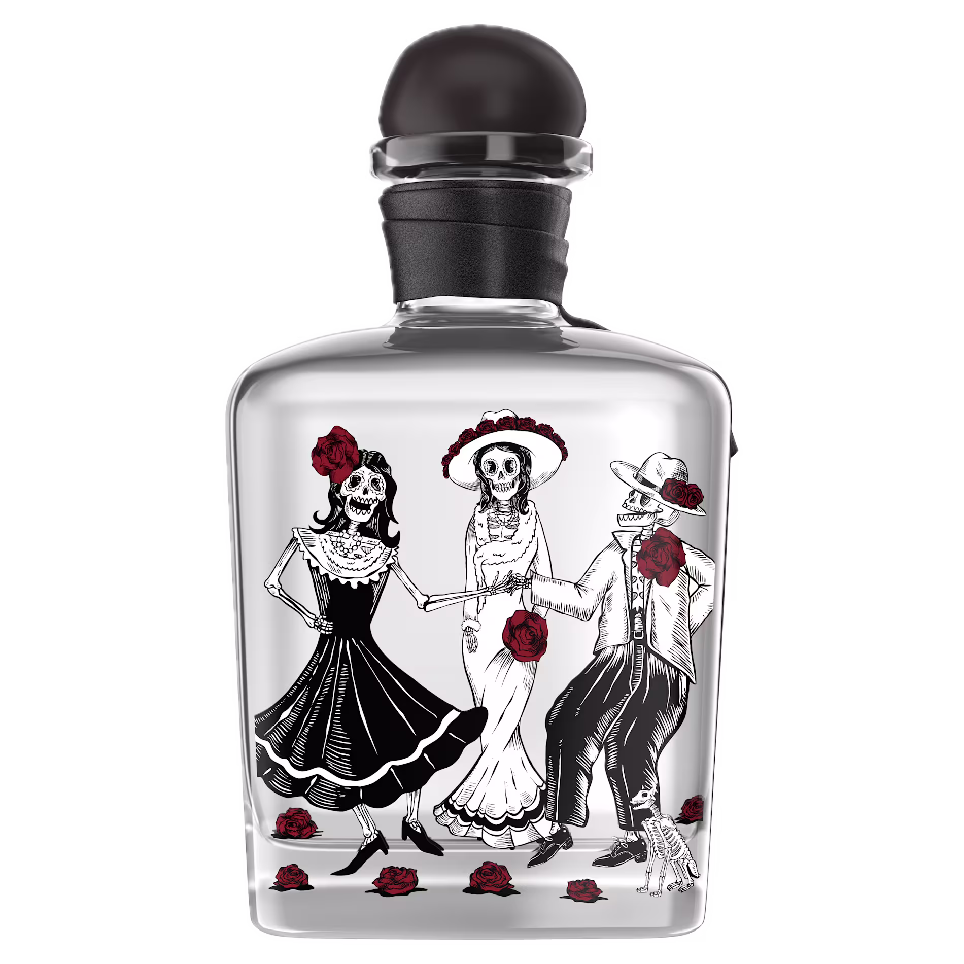 Clear glass bottle with a black cap featuring illustrations of three skeletons in traditional attire, adorned with red roses, and dancing together. Red rose petals are scattered at their feet.