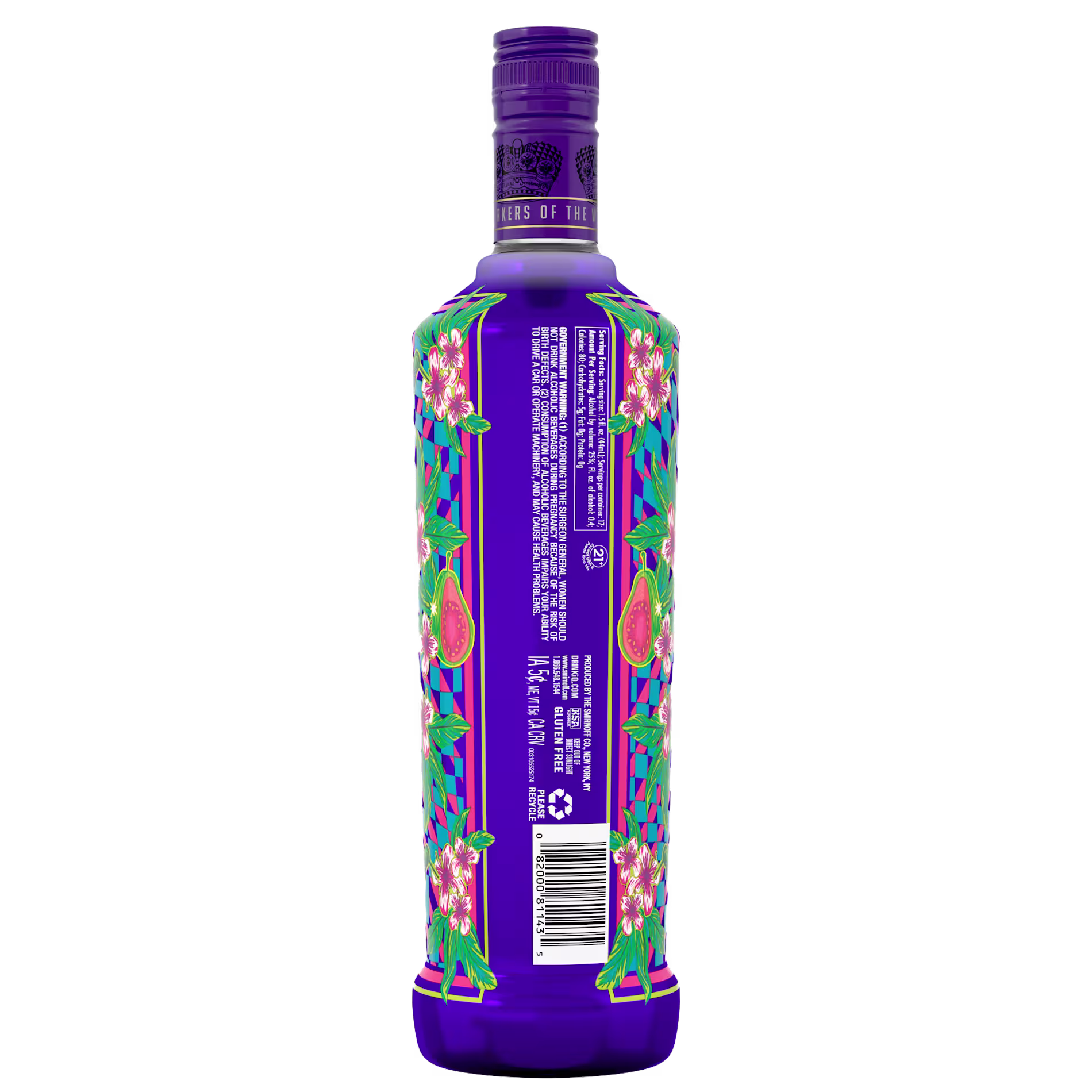 A purple bottle with floral designs and text on the back label, including product information and barcode.