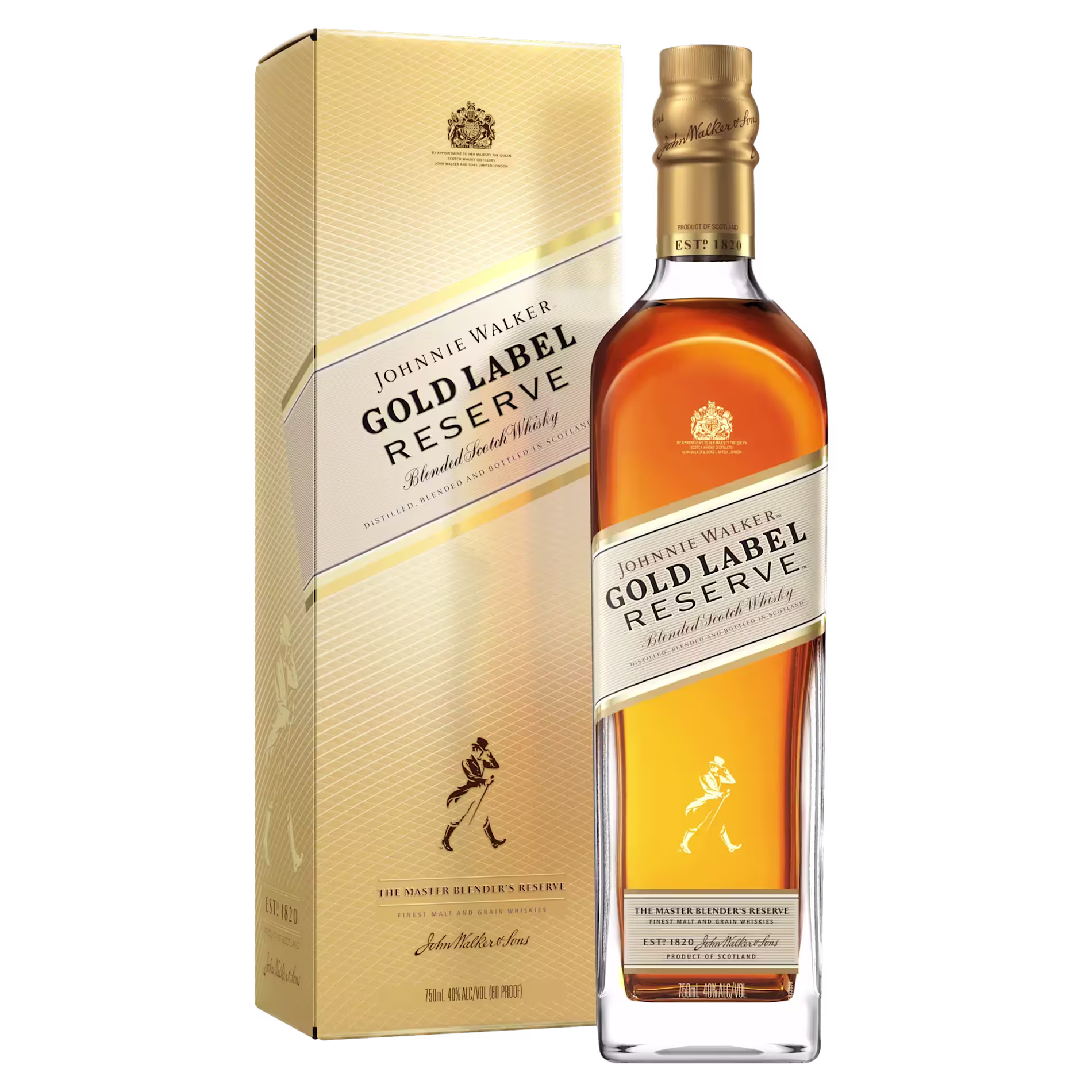 A bottle of Johnnie Walker Gold Label Reserve blended Scotch whisky is displayed next to its gold-colored box packaging.