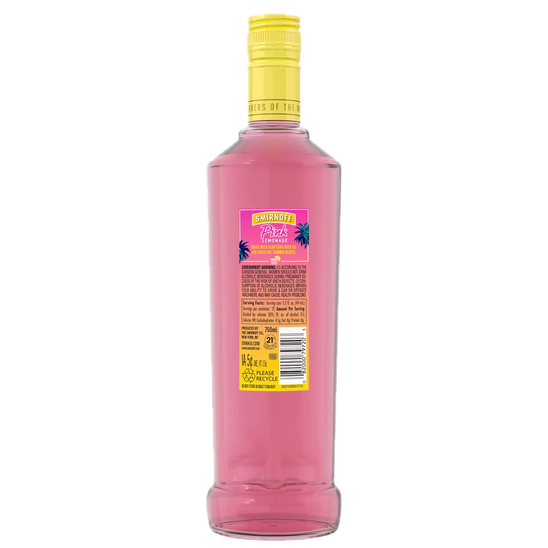 A clear glass bottle with pink liquid, yellow cap, and a colorful label on the back showing product details and a barcode.
