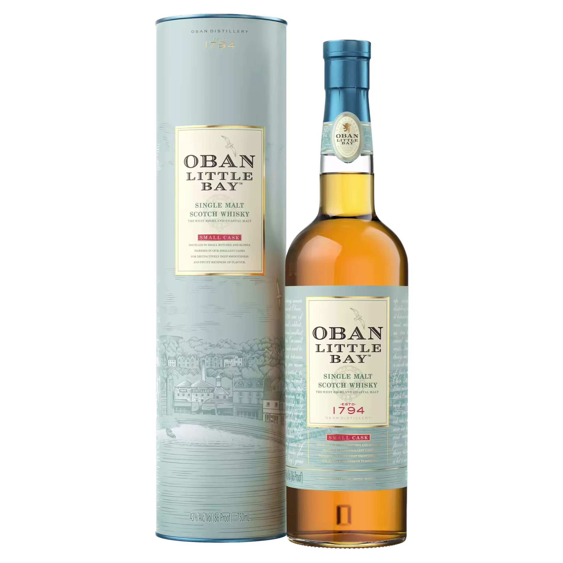 A bottle of Oban Little Bay single malt Scotch whisky stands next to its cylindrical packaging, both featuring light blue and gold labels with coastal illustration.