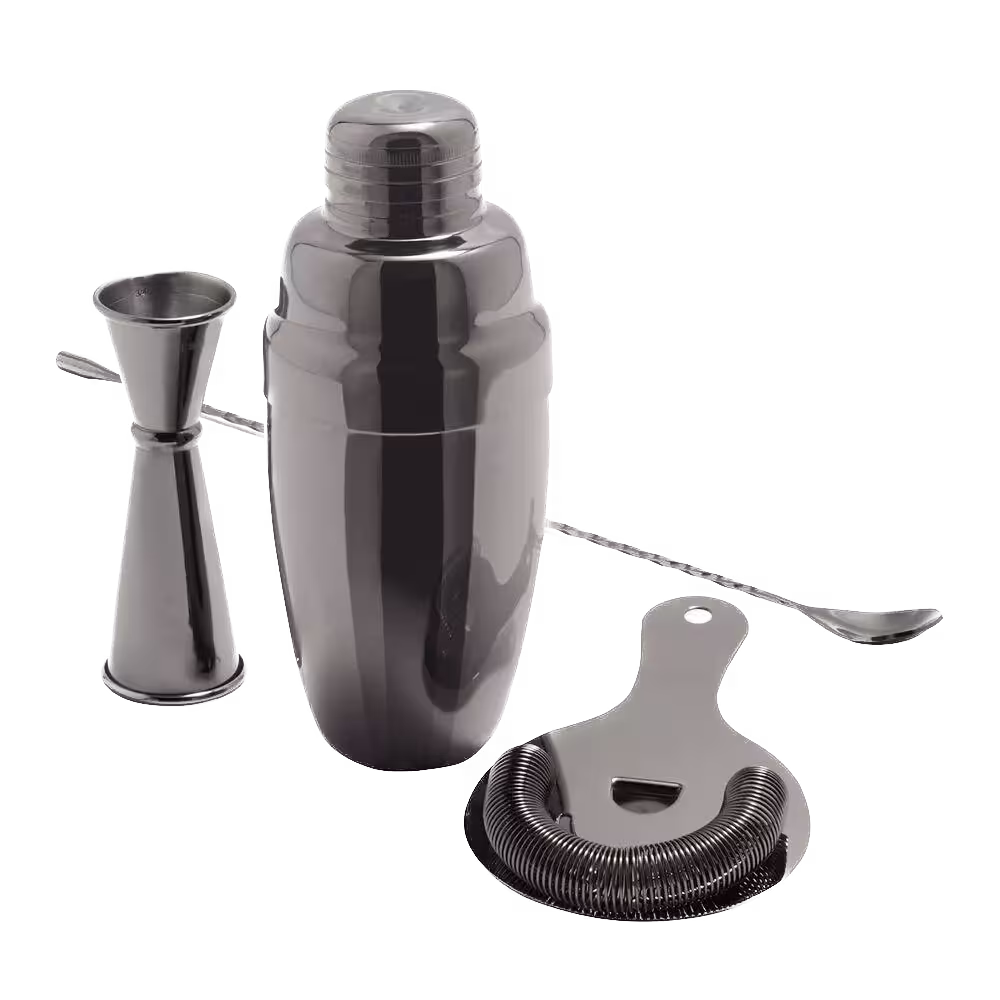A black cocktail shaker set with a jigger, cocktail shaker, bar spoon, and strainer displayed against a plain background.