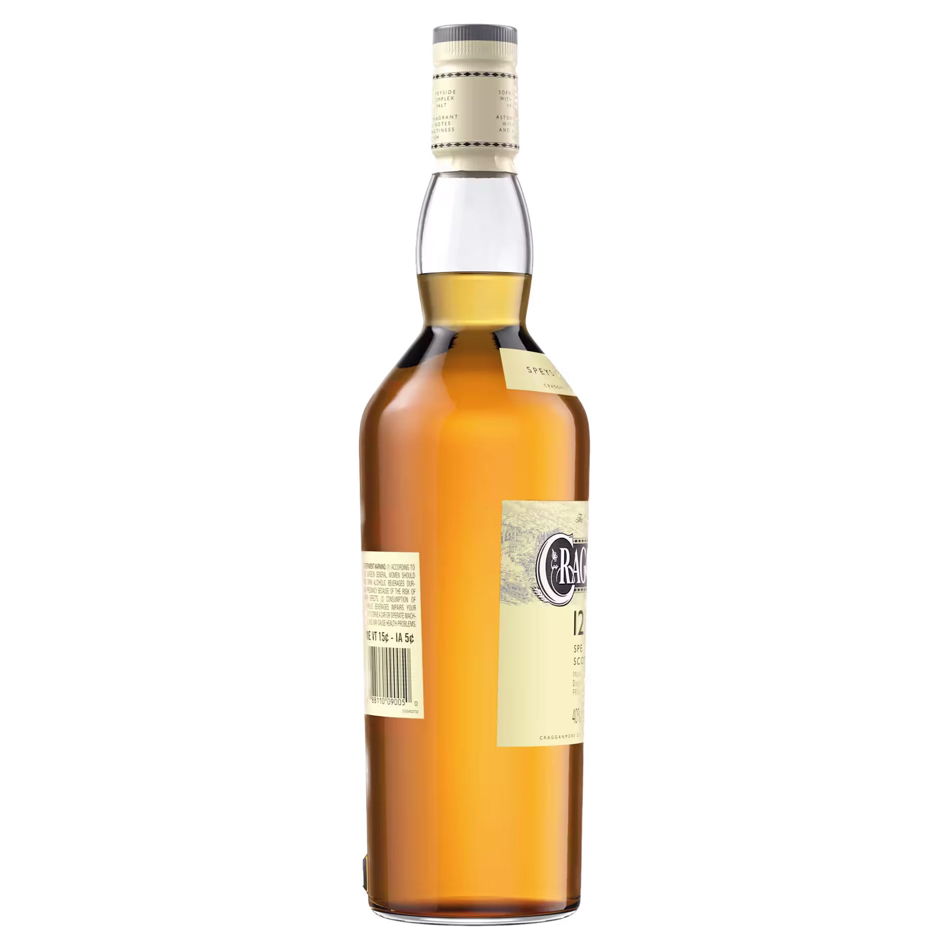 A bottle of whisky with a beige cap and label, shown from the side with the label partially visible against a plain background.