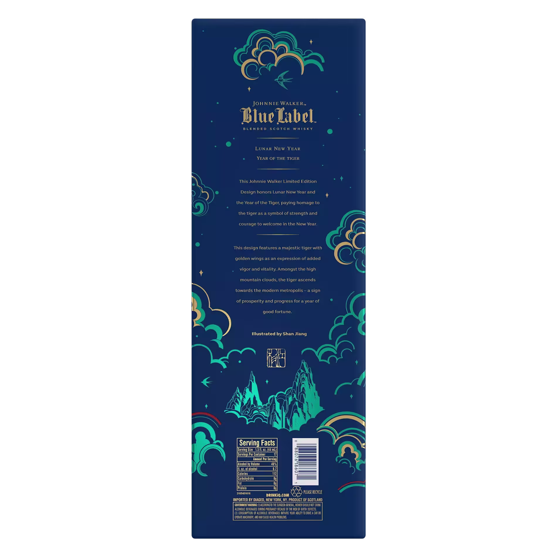 Back of a Johnnie Walker Blue Label box featuring gold and turquoise illustrations of clouds and mountains, with brand description and nutritional information in white and gold text.